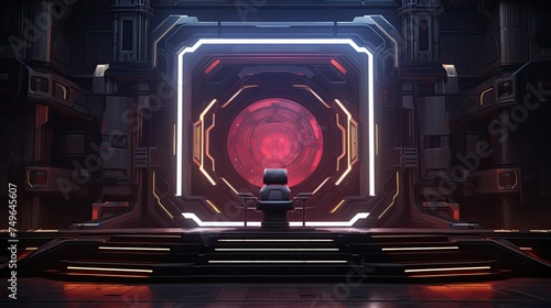 Futuristic spaceship interior with a large glowing portal in the back. photo
