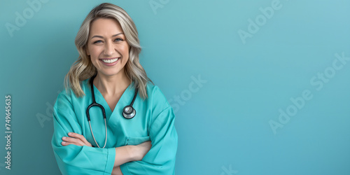 a young female doctor, blonde, in a green medical gown with a stethoscope, stands smiling, arms crossed on her chest, on a green background, the concept of medical materials, copy space photo