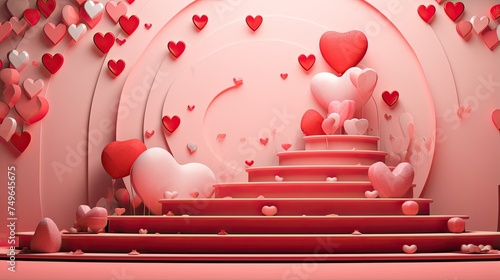 Pink and red heart-shaped balloons and confetti fill a pink-lit room. There is a stage with a pink curtain in the background. photo