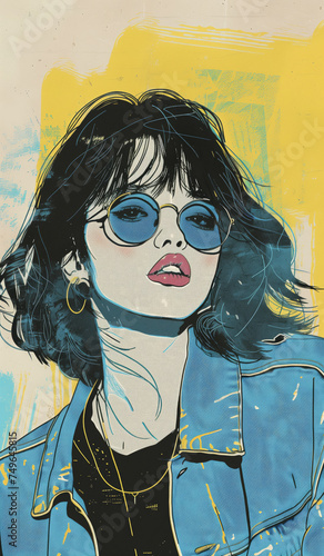 Retro Fashion Woman with Blue Sunglasses Illustration