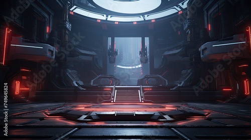 The image is a dark and mysterious spaceship interior.