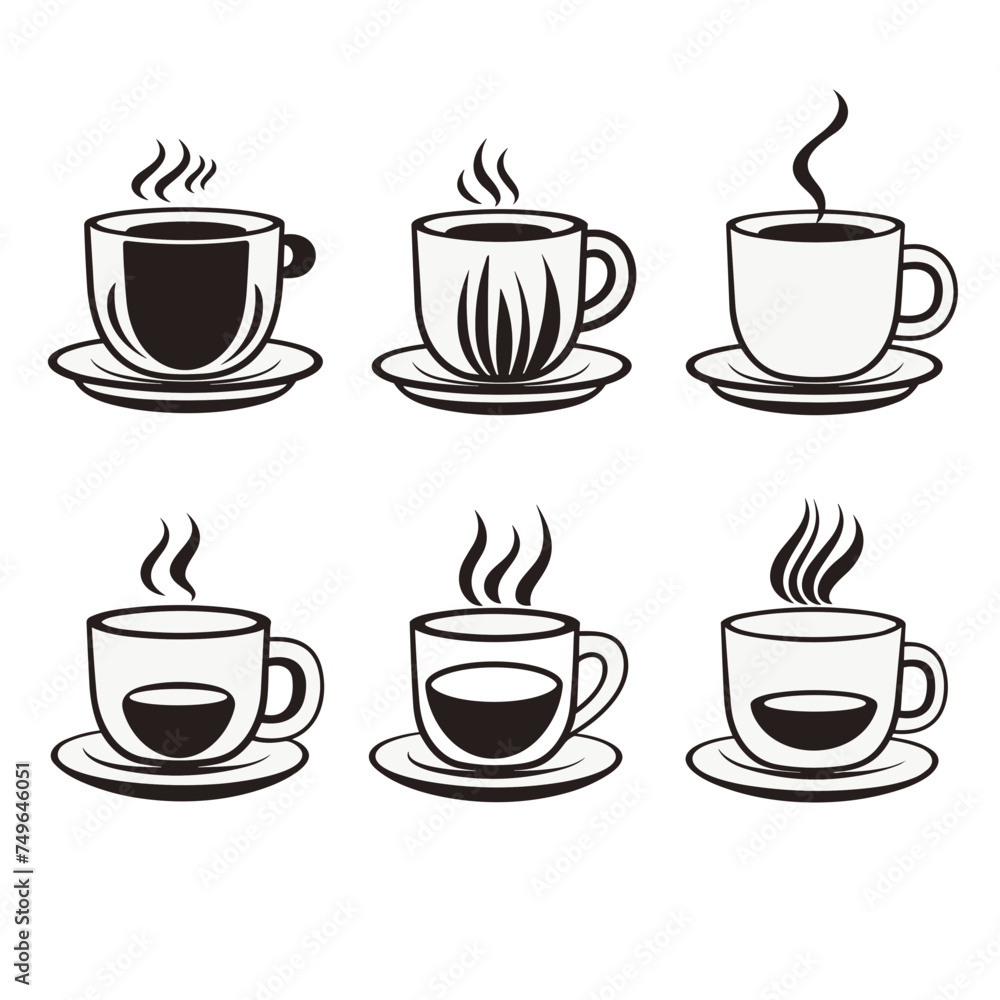 set of cup of coffee with steam icon vector illustration isolated transparent background logo, cut out or cutout t-shirt print design