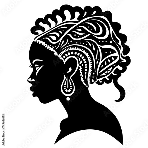 silhouette of a black beautiful african american ethnic woman aborigen person  black and white vector illustration isolated transparent background logo, cut out or cutout t-shirt print design photo