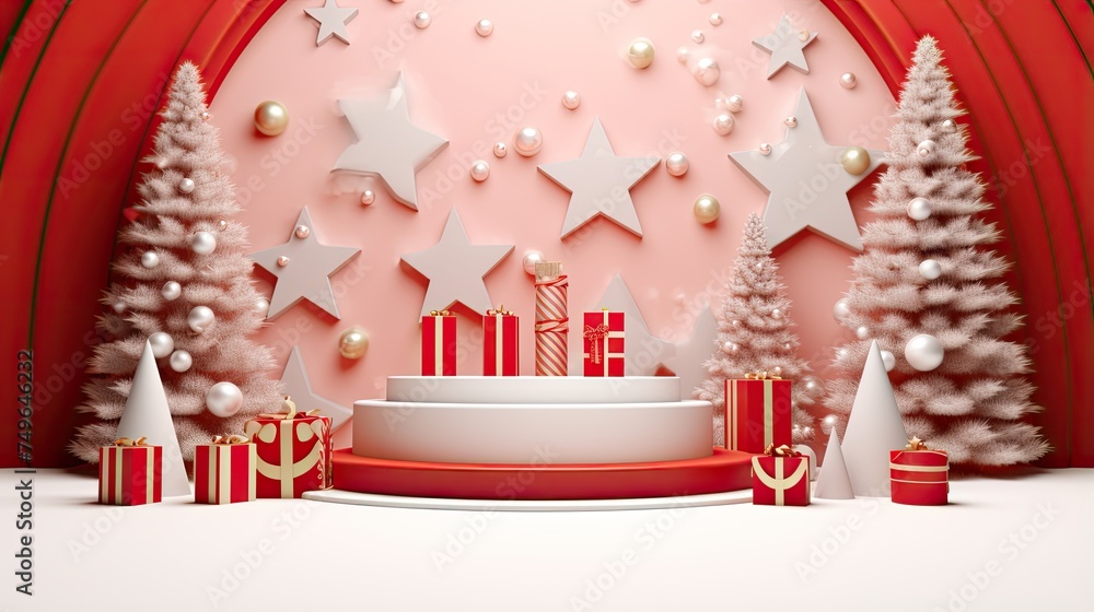 This is a beautiful 3D rendering of a Christmas scene. The image features a pink background with a red and white podium in the center. This is a beautiful 3D rendering of a Christmas scene. The image features a pink background with a red and white podium in the center.