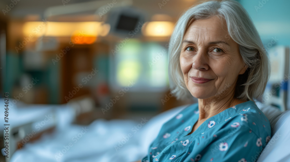 A smiling woman in a hospital gown sitting on a hospital bed, representing a healthcare concept. Ai generative illustration - obrazy, fototapety, plakaty 