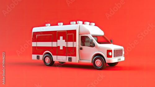 This is a 3D rendering of an ambulance. The ambulance is red and white. It has a cross on the side. The ambulance is on a red background. © BozStock