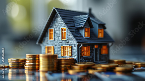 Cartoon concept of a house surrounded by coins, symbolizing investment in real estate, displayed against an outdoor background. Ai generative illustration