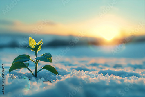 young plant growing in snowy field at sunrise