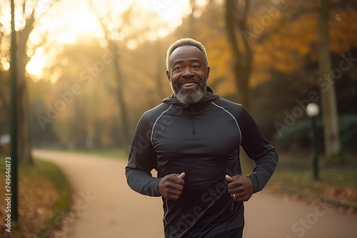Middle aged African American man running in park. Handsome black man living healthy life and getting ready for marathon. © Darya