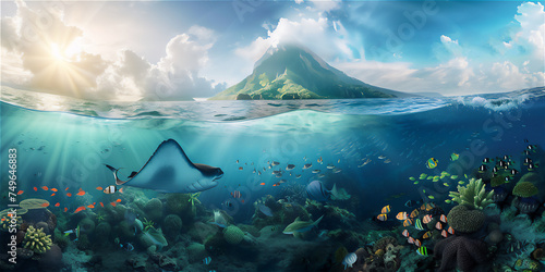 half underwater scene with fish and coral and volcano mountain above