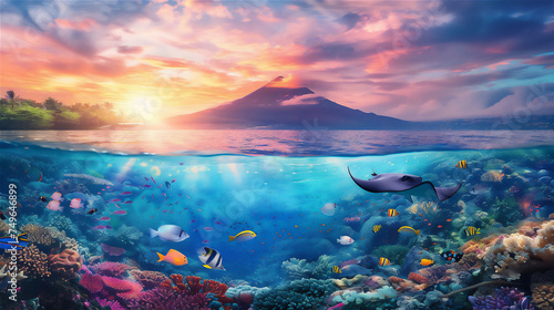 half underwater scene in bay with stingray, colorful fishes and coral, volcano mountain above the sea at sunrise