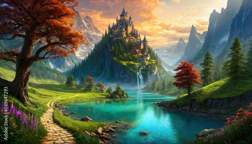 Fantasy Landscape, Fictional, Dreamlike, Imaginary, Magical, Enchanted, Unreal, Mythical, Surreal, Wonderland, Fairy Tale, Epic, Whimsical, Adventure, AI Generated