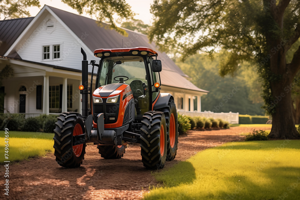 Obraz premium Modern Farming Tractor on Rural Estate - Agriculture and Landscaping