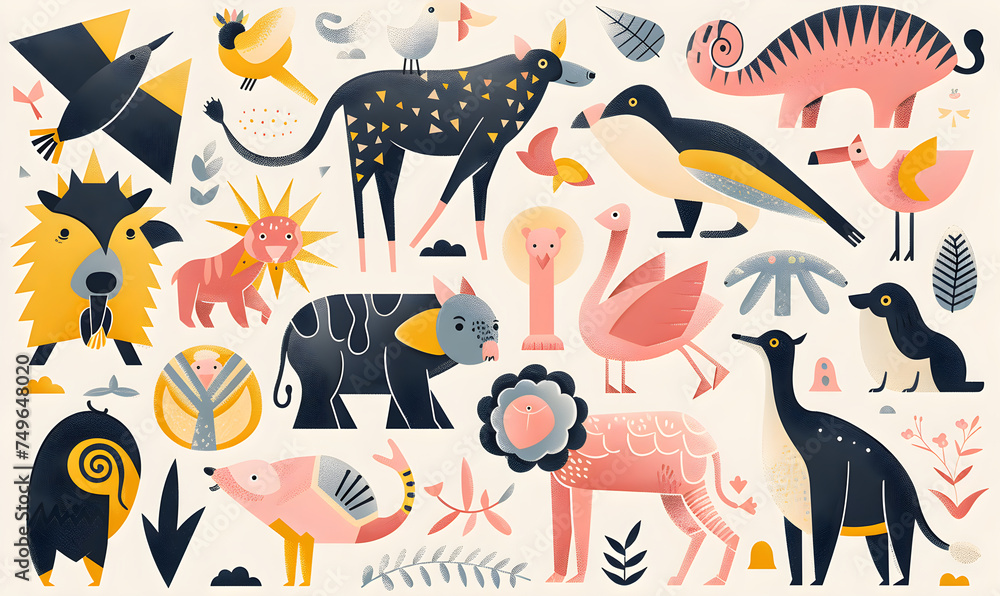the geometric flat 2d illustration features an assortment of animals, in the style of bold graphic shapes, the geometric flat 2d illustration features an assortment of animals, in the style of bold graphic shapes,