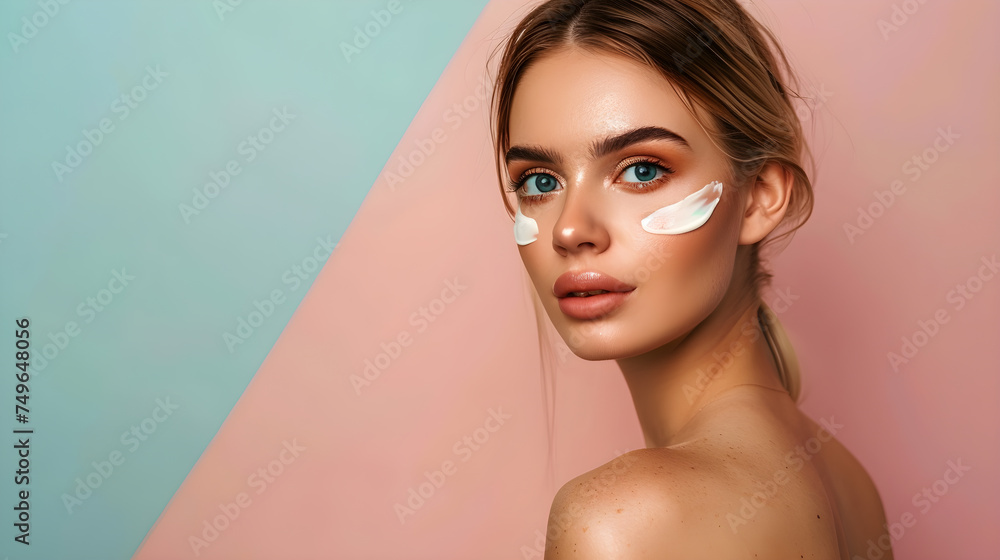 Full upper body shot of Beautiful young woman with sun protection cream on her face against pastel backgroun Full upper body shot of Beautiful young woman with sun protection cream on her face against pastel backgroun