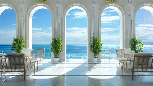 Luxury hotel villa house patio mansion style living relaxing room with big window and view on sea ocean landscape background. © PSCL RDL
