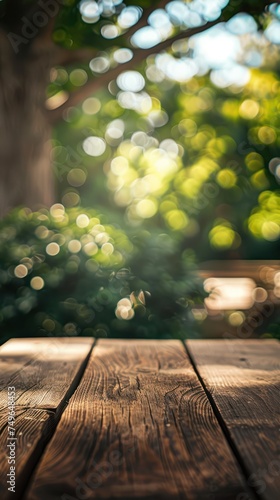 Wooden table in front of green bokeh garden background - vintage filter