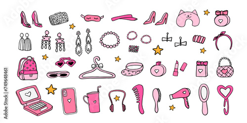 Barbiecore set. Fashion. Pink set, pink doll aesthetic accessories. Lipstic, headphones, cosmetics, perfume, sunglasses, handbag, mirror, earrings, beads. comb, hair dryer, stilettos. Hand drawn