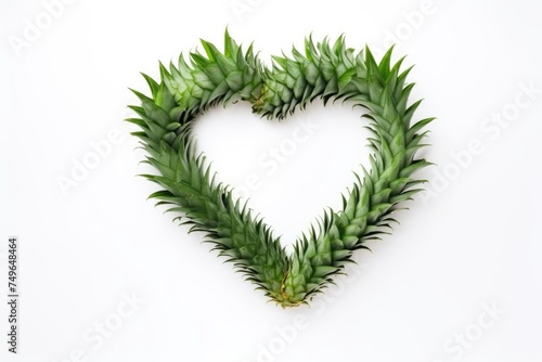 Creative heart shape made from the green leaves of a pineapple on a white background.