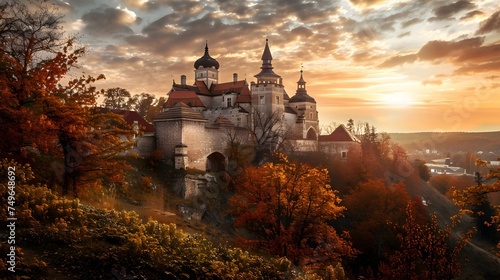 Castle on the hill in sunset with pastel color sky and orange autumn garden and park. 