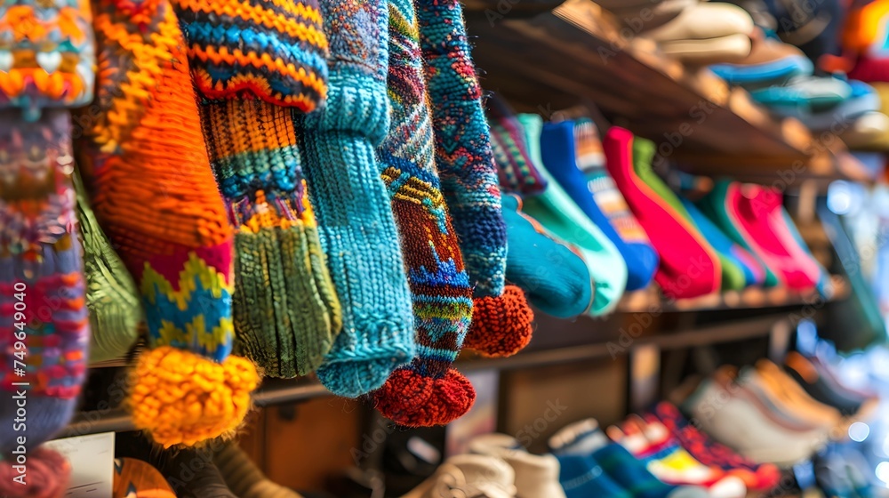 Colorful wool winter clothing socks, gloves and hats in store