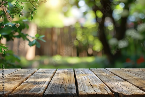 empty table for product display montages in the garden with bokeh background