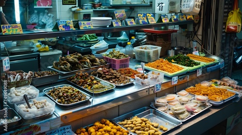 Counters of the covered, oriental market. Food