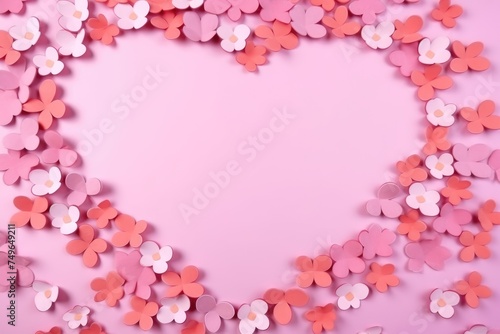 A creative heart-shaped frame made of paper flowers on a pink background. © Anatolii