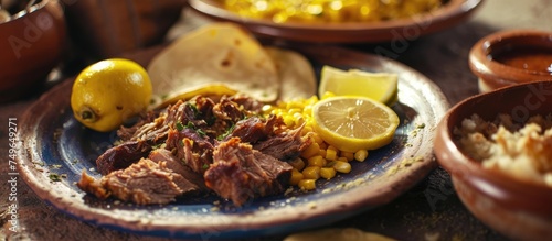 A Mexican mud plate featuring juicy carnitas pork, crispy pork rinds, zesty lemon slices, and warm corn tortillas, creating a flavorful and satisfying meal. © TheWaterMeloonProjec