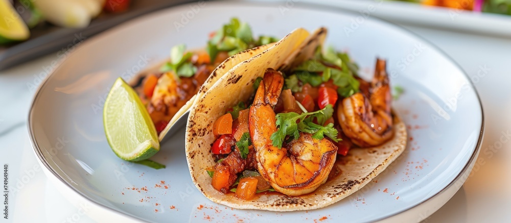 Two mouthwatering tacos filled with shrimp and crisp vegetables are displayed on a white plate, ready to be enjoyed. Two mouthwatering tacos filled with shrimp and crisp vegetables are displayed on a white plate, ready to be enjoyed.