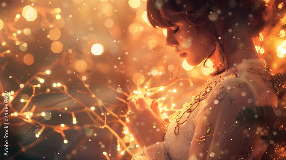 Embraced by the warmth of glowing lights, a woman in a festive white dress brings the magic of Christmas to life, turning the holiday fantasy into a mesmerizing experience Embraced by the warmth of glowing lights, a woman in a festive white dress brings the magic of Christmas to life, turning the holiday fantasy into a mesmerizing experience