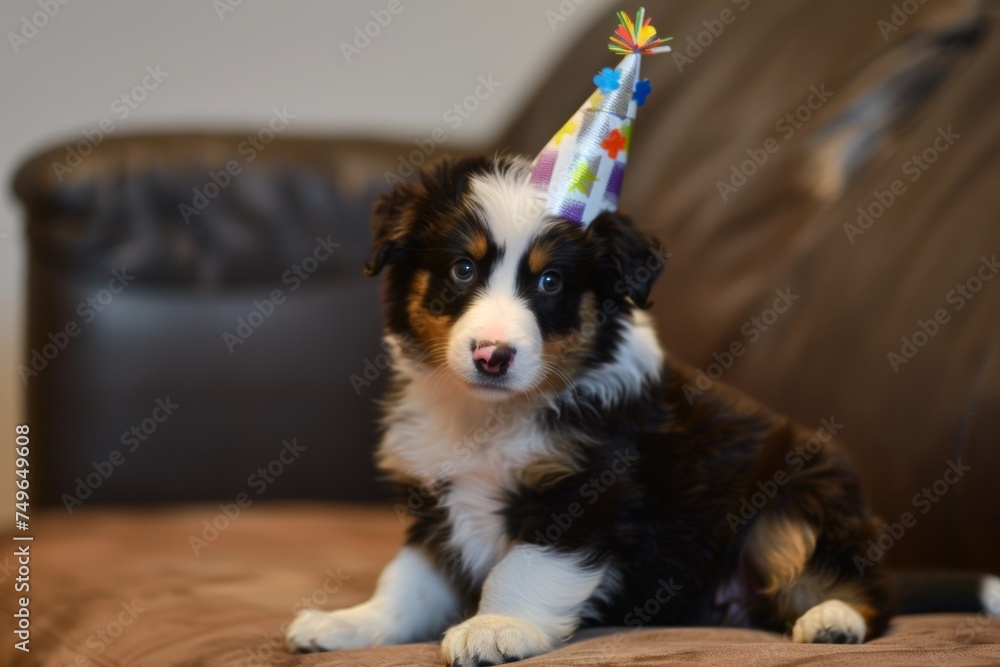 Puppy With Birthday Hat Sitting on Couch. Generative AI