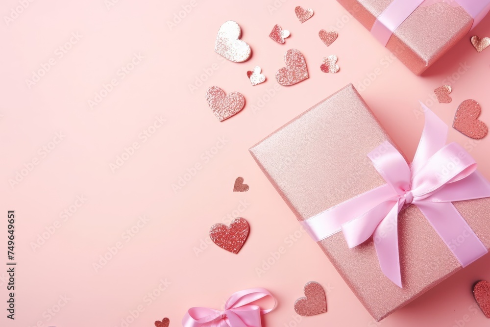 Pastel pink gift boxes with satin ribbon and scattered heart confetti on a pink background, expressing love and care.