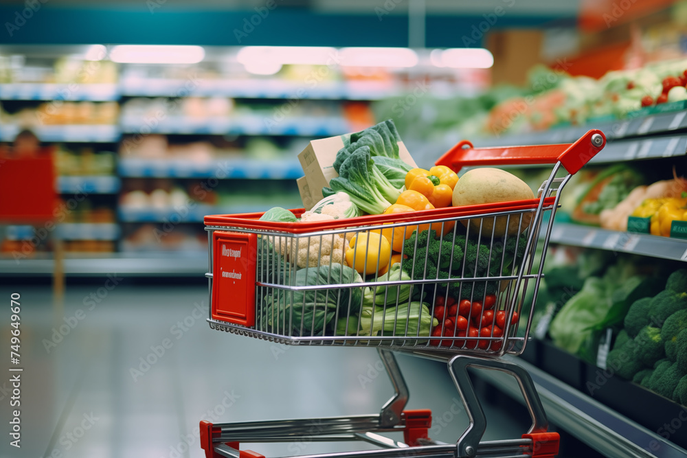 Shopping Cart Filled with Fresh Produce in Supermarket. Ideal for grocery store promotions, healthy eating campaigns, organic food ads, and retail marketing.