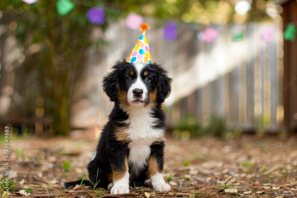 Happy Puppy Wearing Party Hat. Generative AI