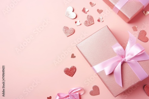 Pastel pink gift boxes with satin ribbon and scattered heart confetti on a pink background, expressing love and care. © Anatolii