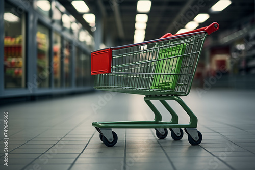 Empty Shopping Cart in Supermarket Aisle, Ready for Groceries