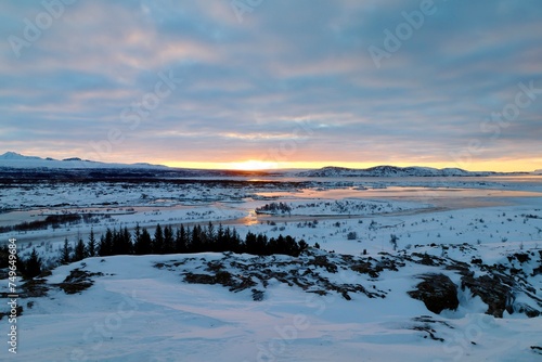 Emerging Sun Over the Tectonic Rift Valley  Thingvellir National Park  Iceland