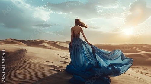 epic view of a woman in a flying luxurious blue dress stands with her back in the sand desert