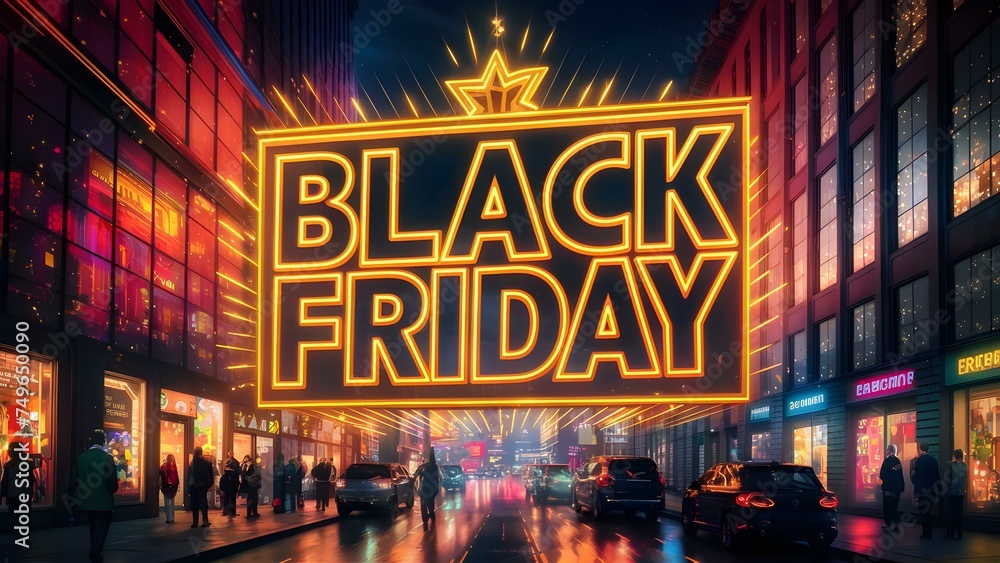 Black Friday neon illustration, shopping mall, glowing, Generative Ai.