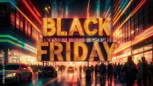 Black Friday neon illustration, shopping mall, glowing, Generative Ai.