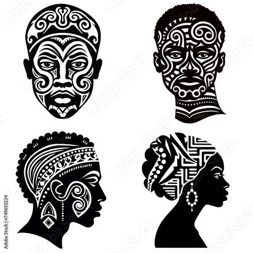 set of silhouette of a black beautiful african american ethnic aborigen person  black and white vector illustration isolated transparent background logo, cut out or cutout t-shirt print design photo