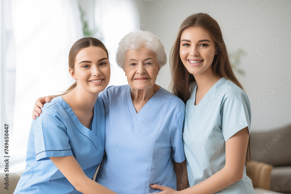 Fototapeta premium Senior Care: Compassionate Nurses with Elderly Woman - Healthcare Support