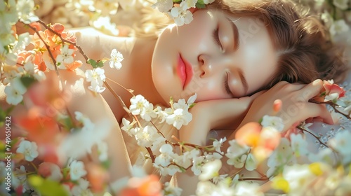 Gorgeous princess having comfort sleep among flower bloom