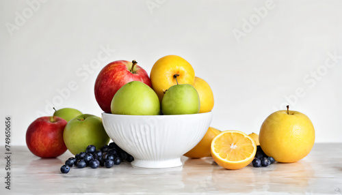 Colorful fruits in a white bowl and white background