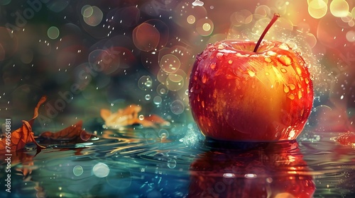 Magic apple with waterdrops on surface.