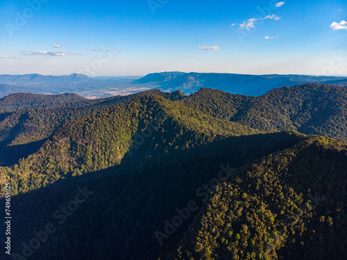 aerial (drone) panorama of green mountains section in lamington national park, queensland, australia; ancient gondwana rainforest in mountains near brisbane and gold coast photo