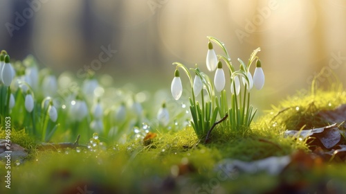 One beautifull snowdrop in spring forest on colorful background. Drops of dew. Tender spring flowers snowdrops harbingers of warming symbolize the arrival of spring