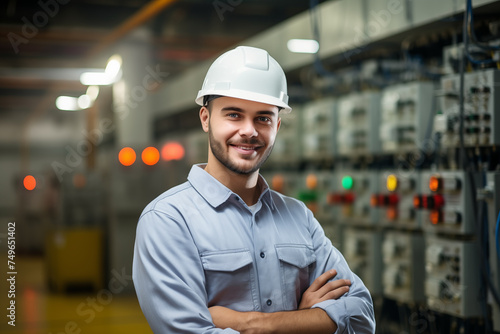 Smiling Electrical Engineer with Control Panels - Industrial Expertise