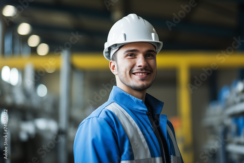 Smiling Young Engineer with Hard Hat in Industrial Setting